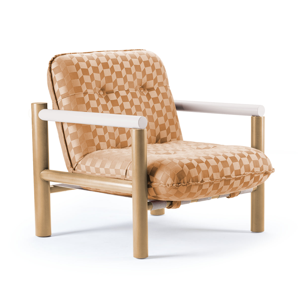 James Armchair in tan checkerboard weave with light beech frame and ivory armrests