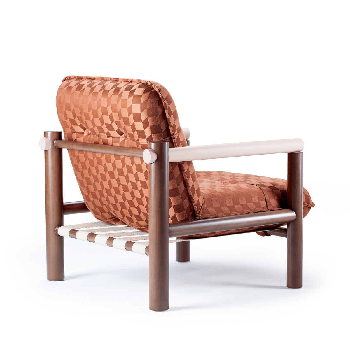 James Armchair in rust checkerboard weave, rear three-quarter view