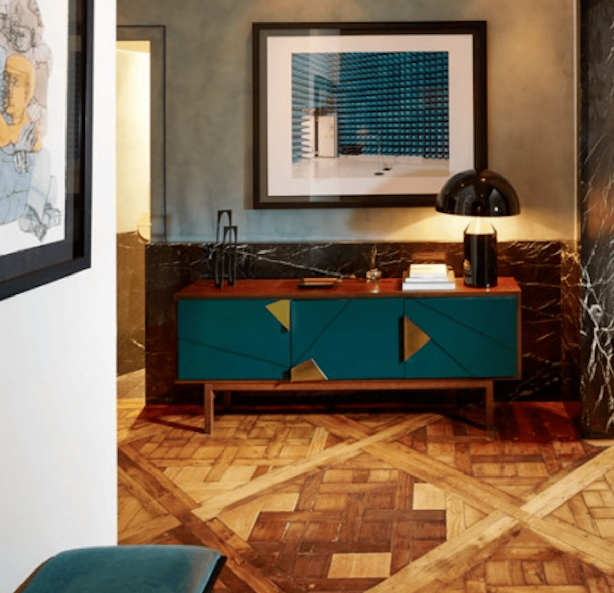 Jazz Sideboard with Jade doors on a parquet floor beneath framed art