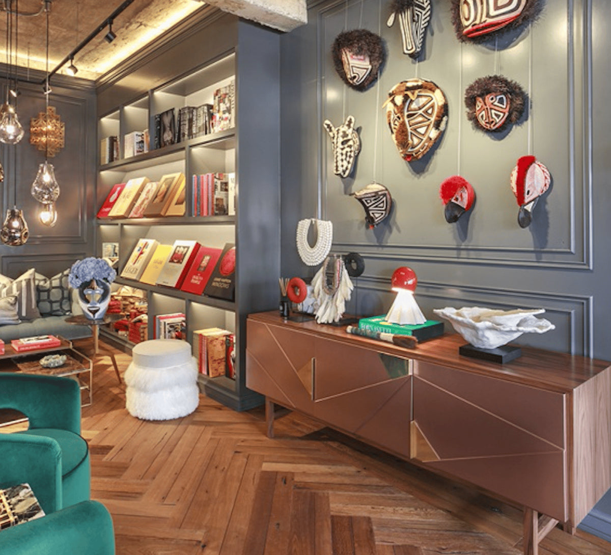 Jazz Sideboard with Rose doors in a library lounge with wall masks