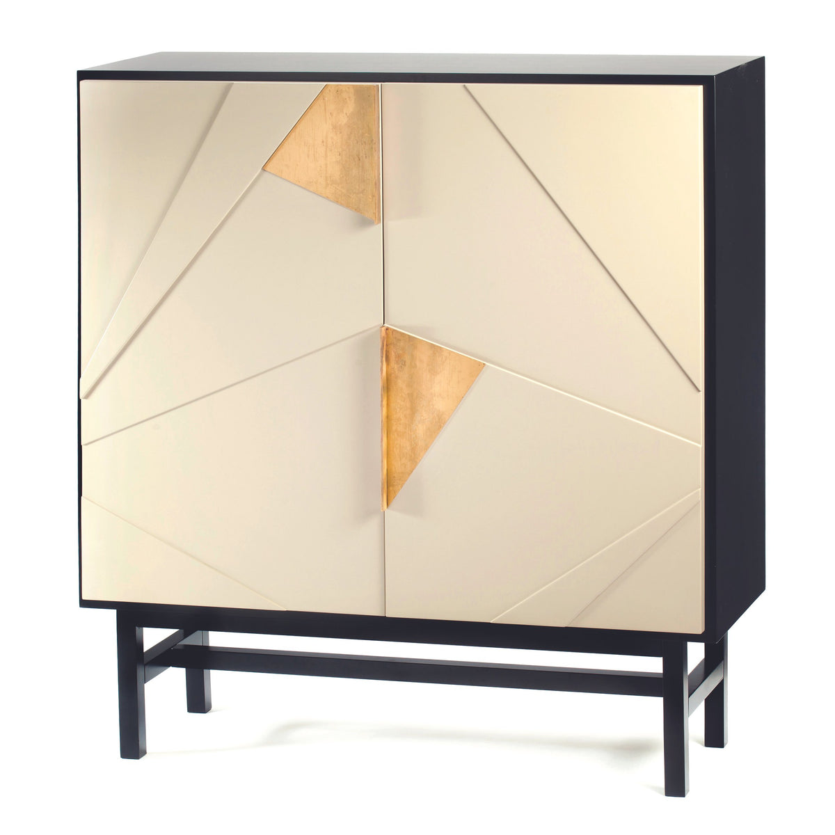 Jazz Bar Cabinet with Ivory doors, brass triangle inlays and black base