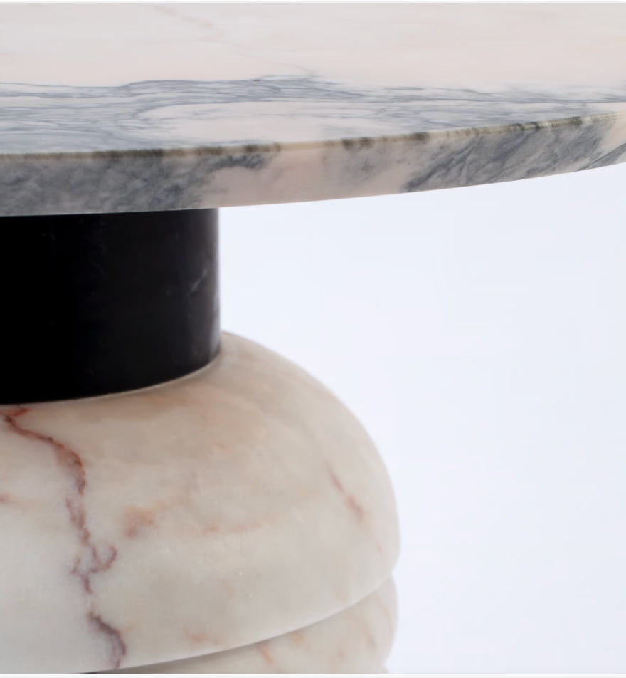 Jean Dining Table close-up of marble top edge, black collar and rosa marble base