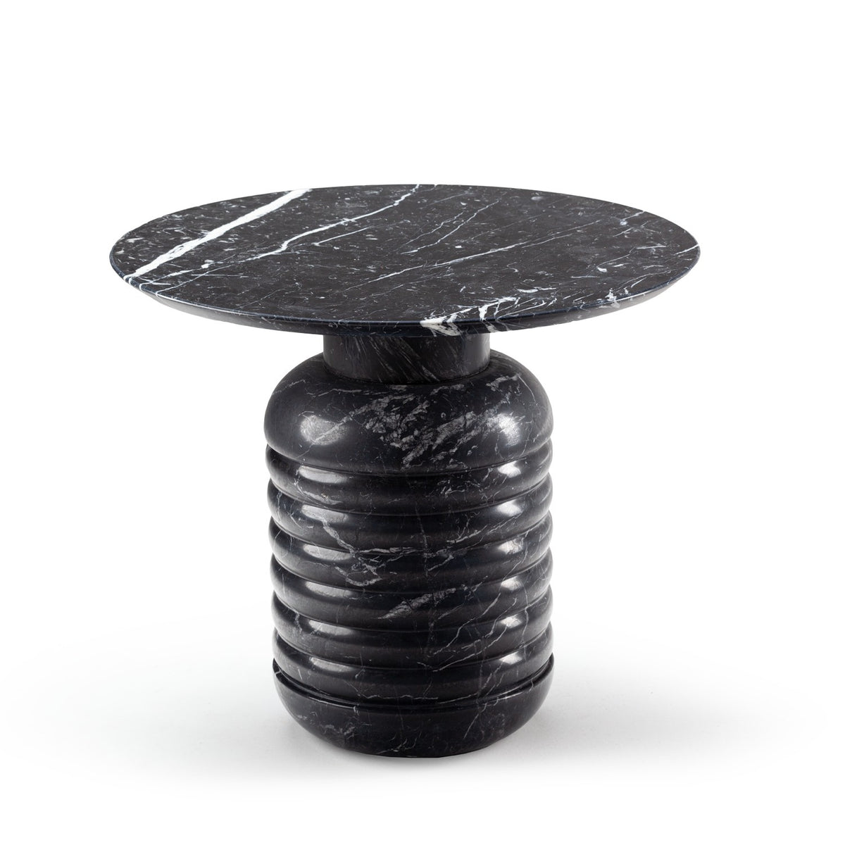 Jean Side Table in Nero Marquina, black marble top and ribbed base