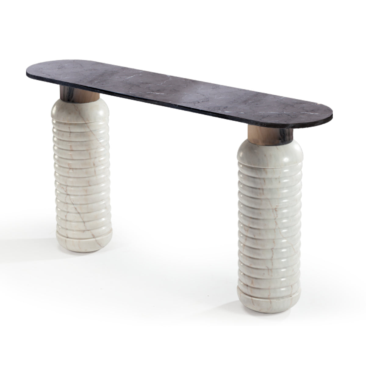 Jean Console Table with dark top on ribbed white marble columns, three-quarter view