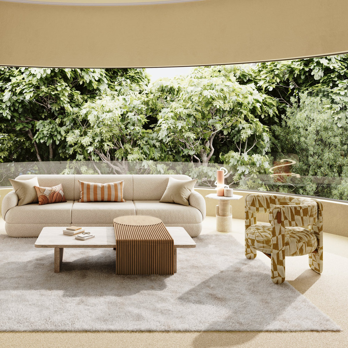 Stick and Stone Coffee Table on a covered terrace with a cream sofa