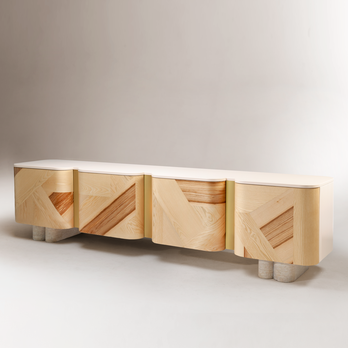 Kisho TV Stand olive ash marquetry media console with travertine feet by Maison Burgos