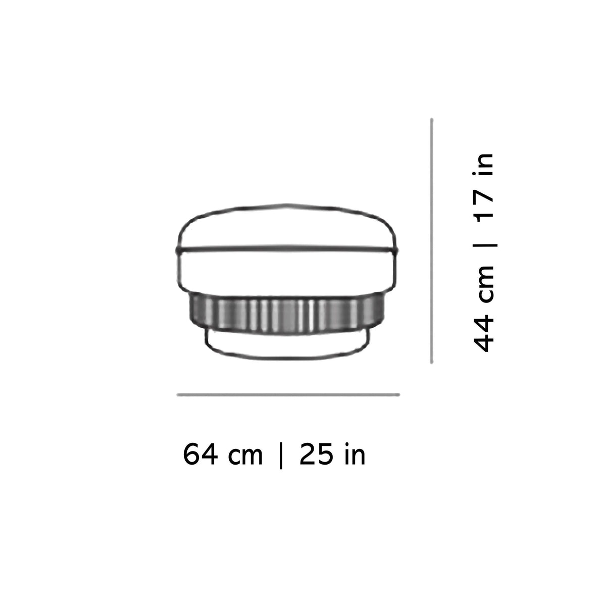 La Folie Ottoman side dimension drawing: 64 cm / 25 in wide, 44 cm / 17 in high