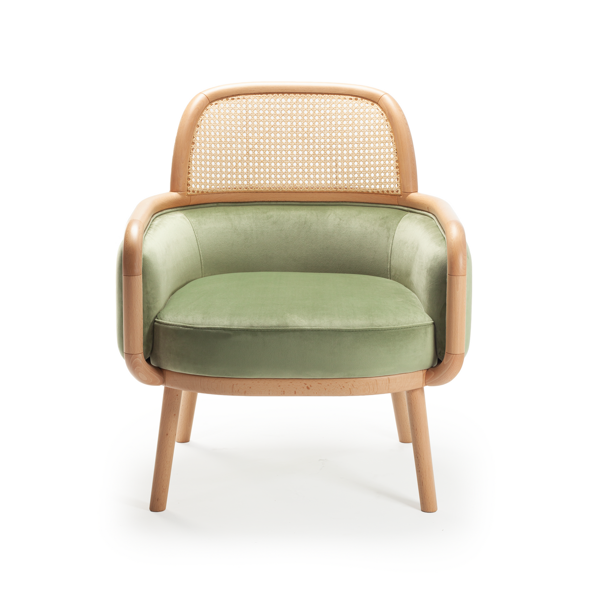 Luc Armchair in sage green velvet with cane back, front view