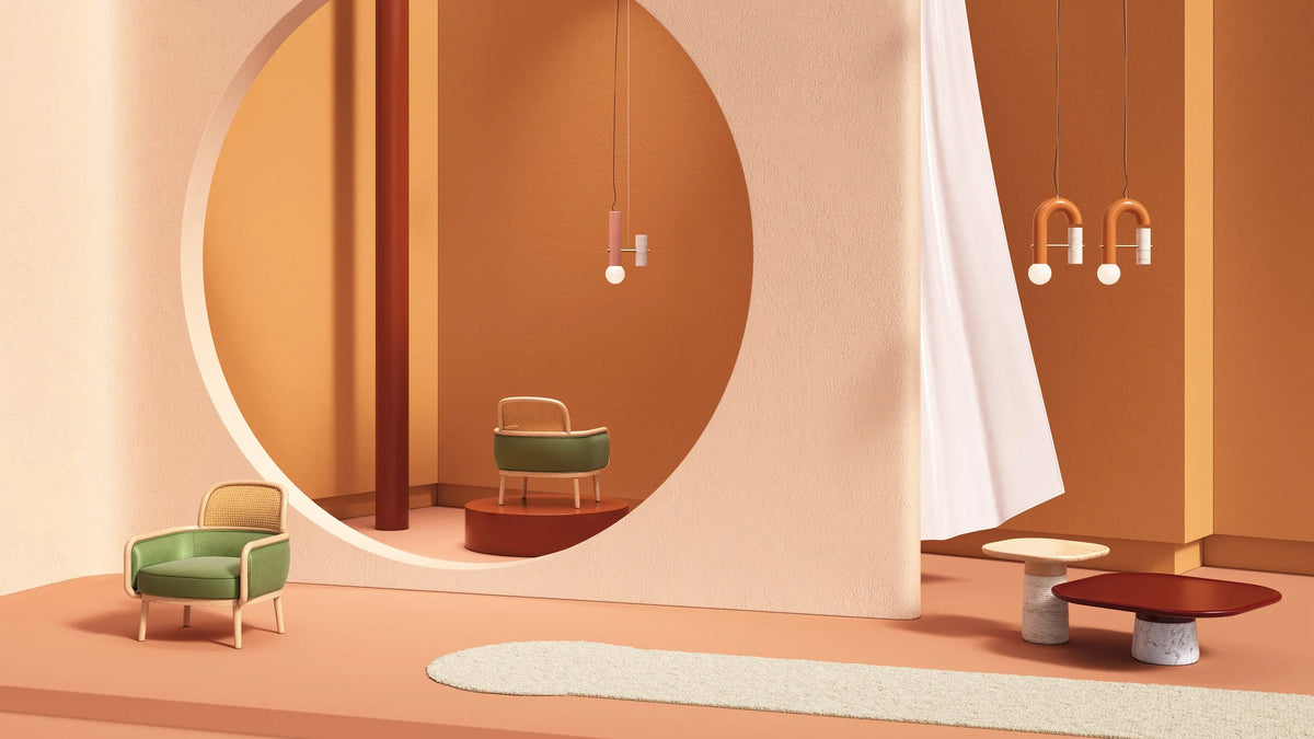 Luc Armchair in green in a terracotta set with circular arch
