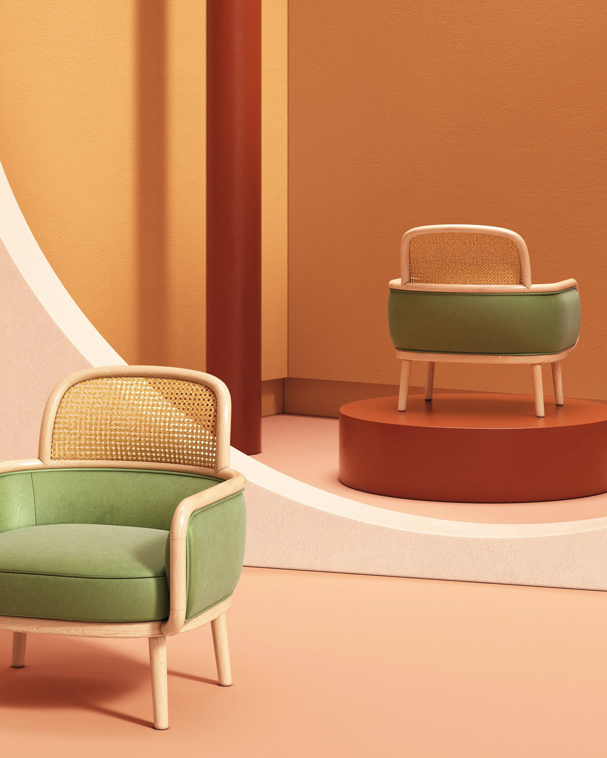 Luc Armchair in sage green in a peach set, one on a round plinth