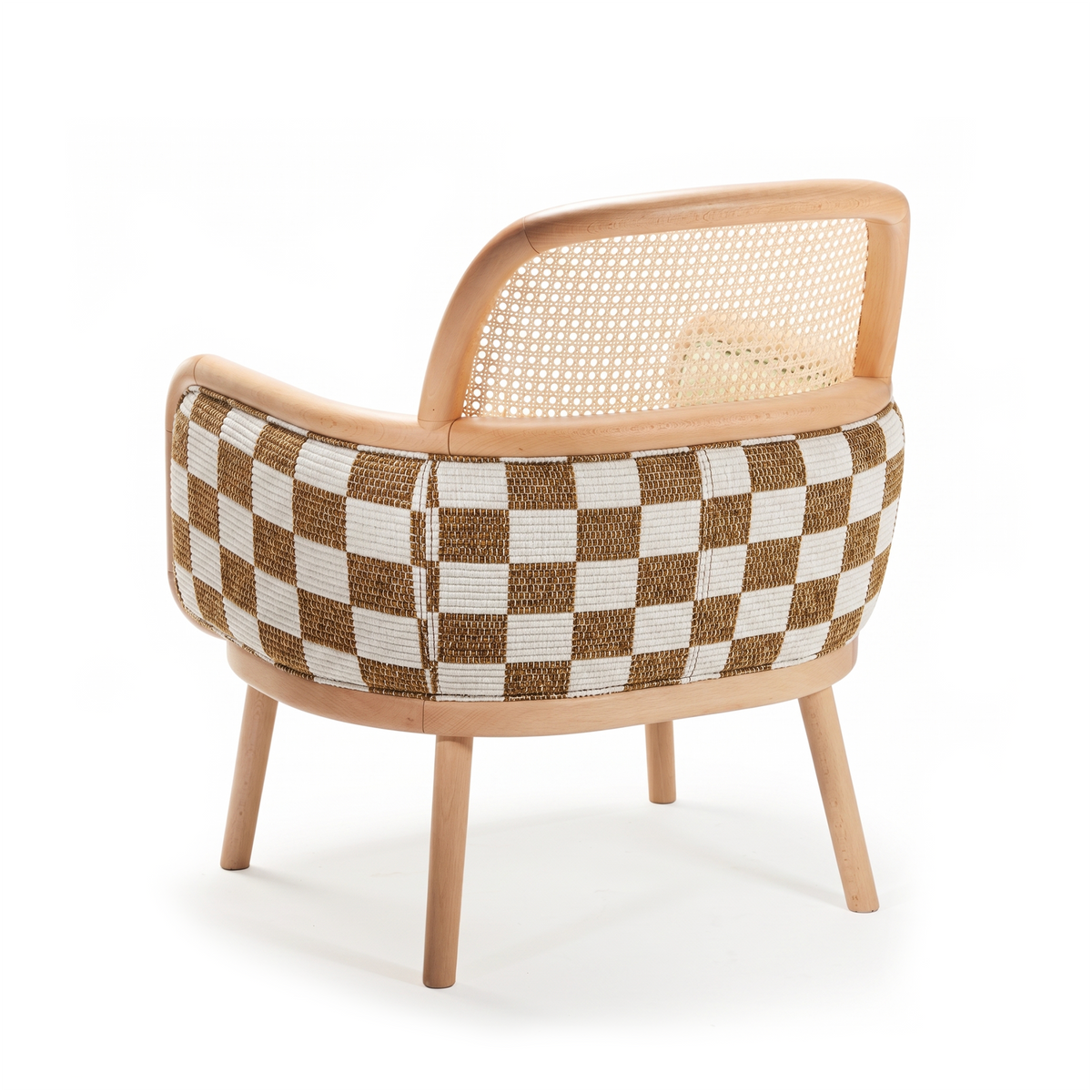 Luc Armchair in brown checkerboard fabric with cane back, back three-quarter view