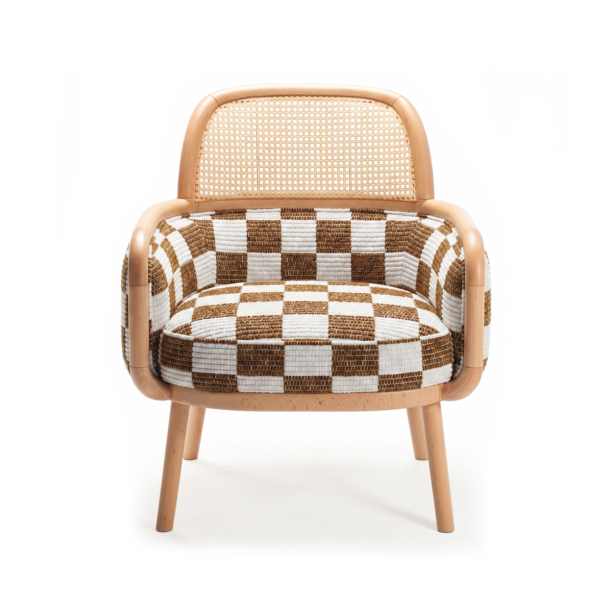 Luc Armchair in brown checkerboard fabric, front view