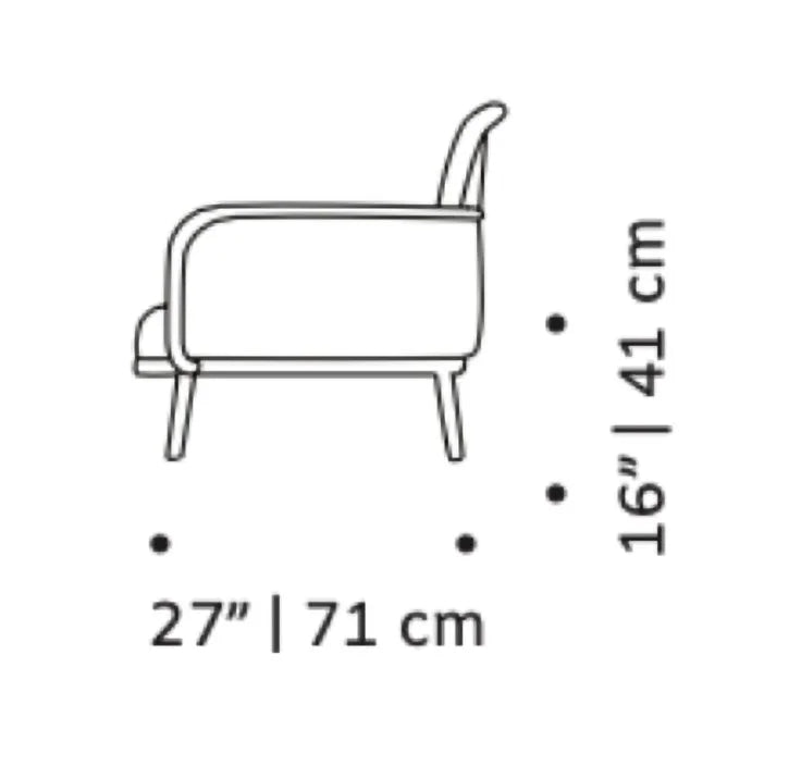 Luc Armchair side dimension drawing: 27" (71 cm) deep, 16" (41 cm) seat height