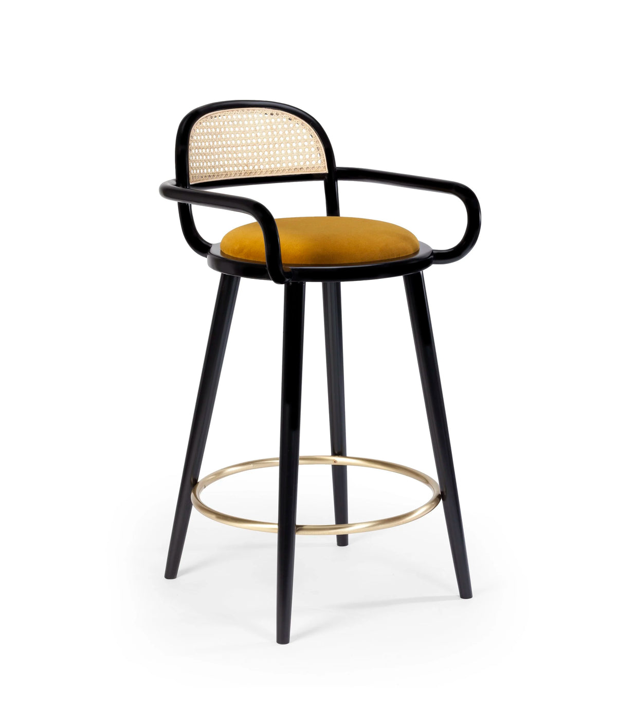 Luc Bar And Counter Chair with natural rattan back, mustard seat, black frame and brass footring