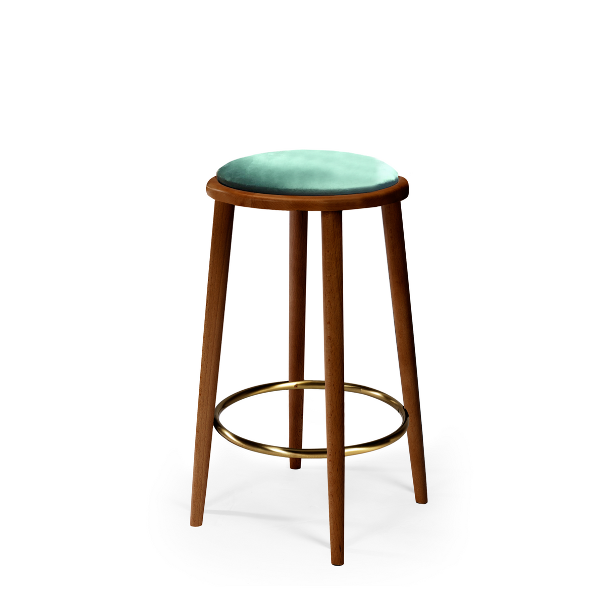 Luc Bar And Counter Stool with mint velvet seat, walnut-tone solid wood legs and brass footring