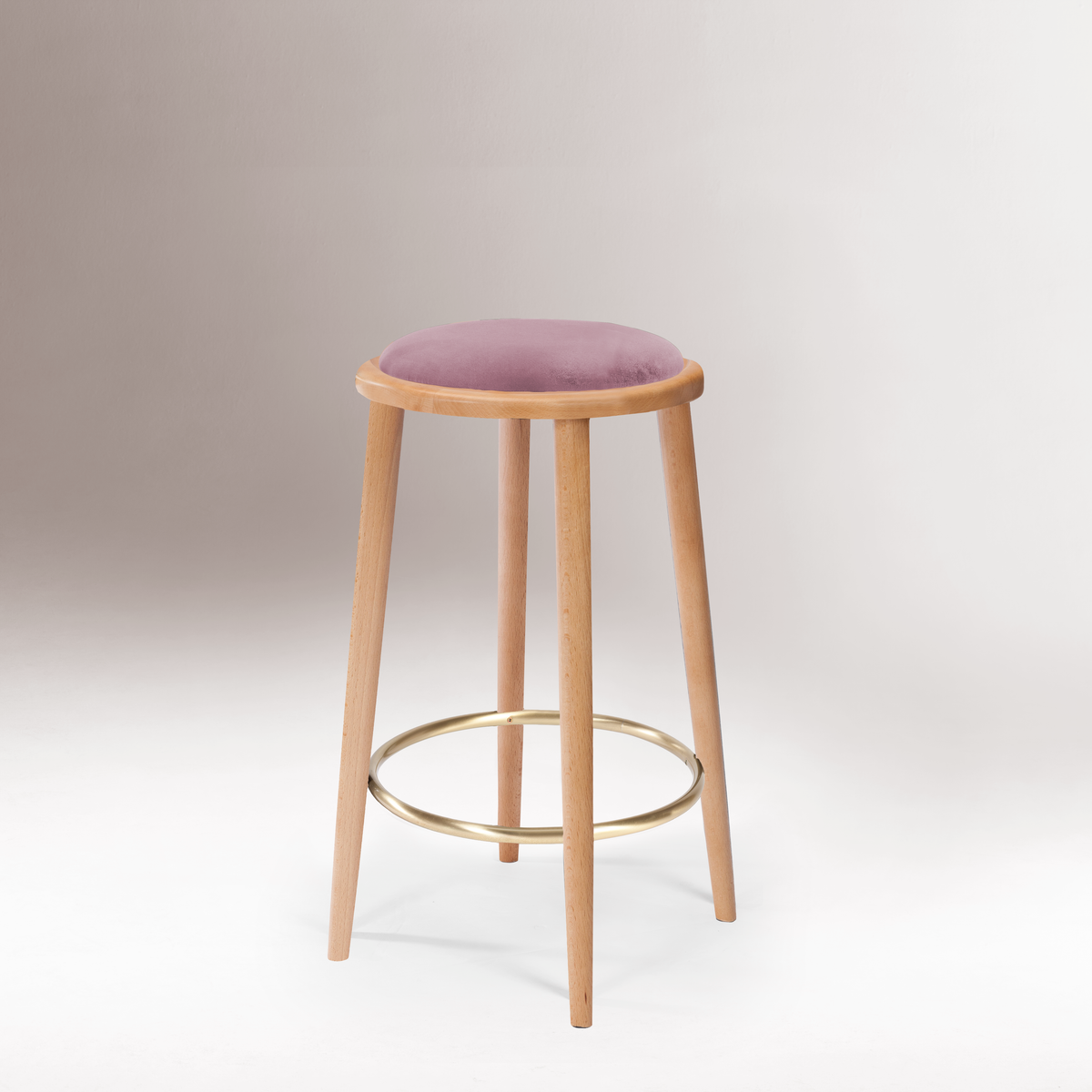 Luc bar stool in Paris Lavanda upholstery on natural beech frame with polished brass ring