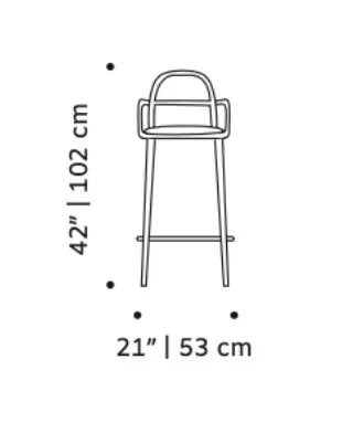 Luc bar chair front dimensions: 42 in (102 cm) high, 21 in (53 cm) wide
