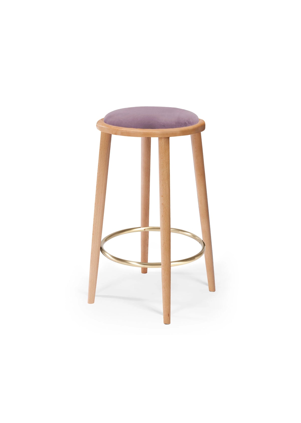 Luc counter stool in lavender upholstery with natural wood frame and brass ring