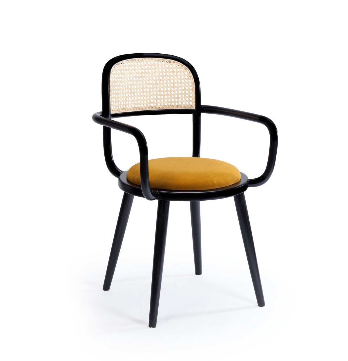 Luc Dining Chair with black frame, cane back and mustard velvet seat, three-quarter view