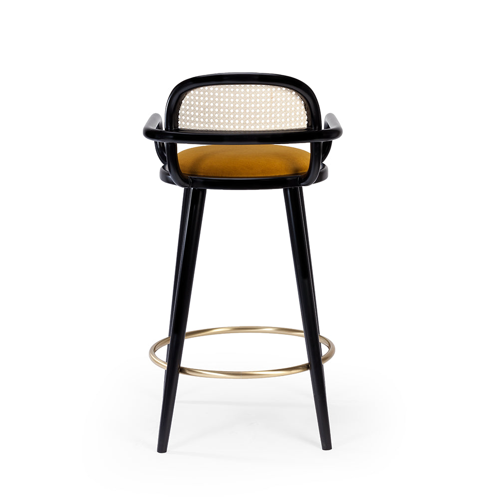 Luc bar chair front view, black frame, rattan back and mustard seat