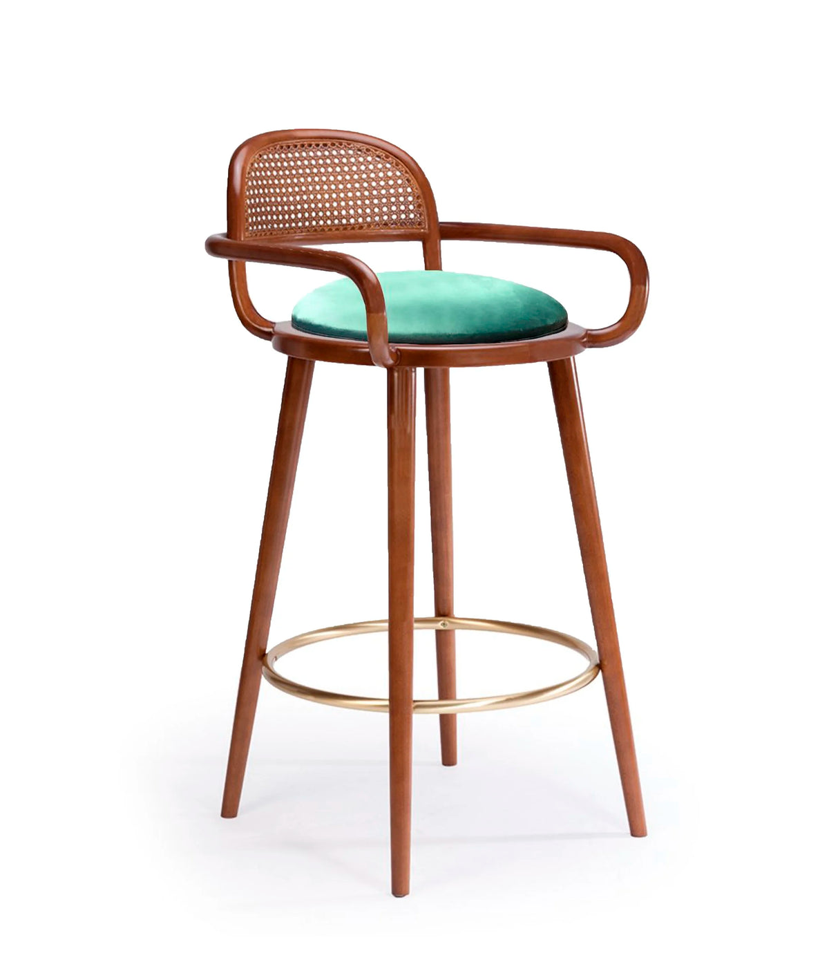 Luc bar chair in walnut-tone wood with rattan back and mint seat