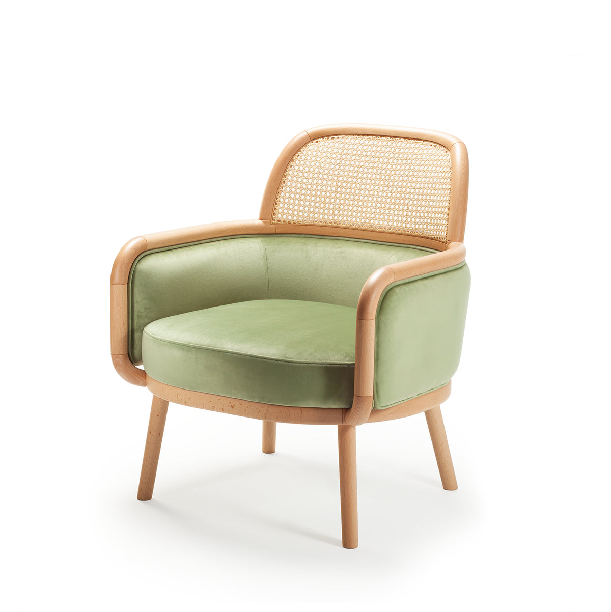 Luc Armchair in sage green velvet, three-quarter view