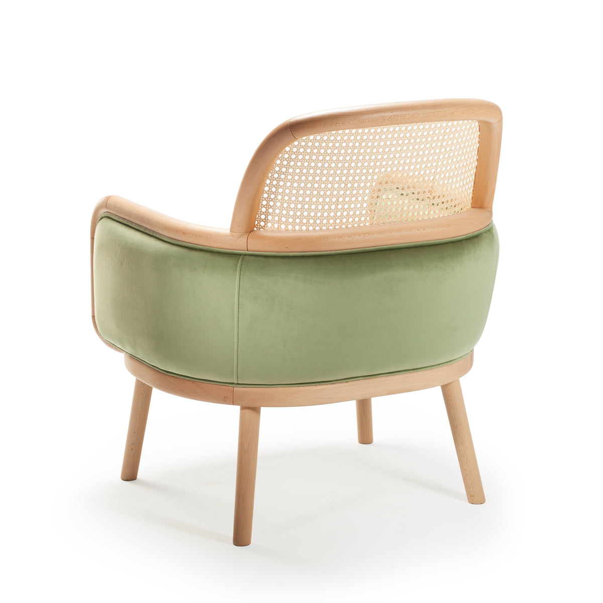 Luc Armchair in sage green velvet, back three-quarter view