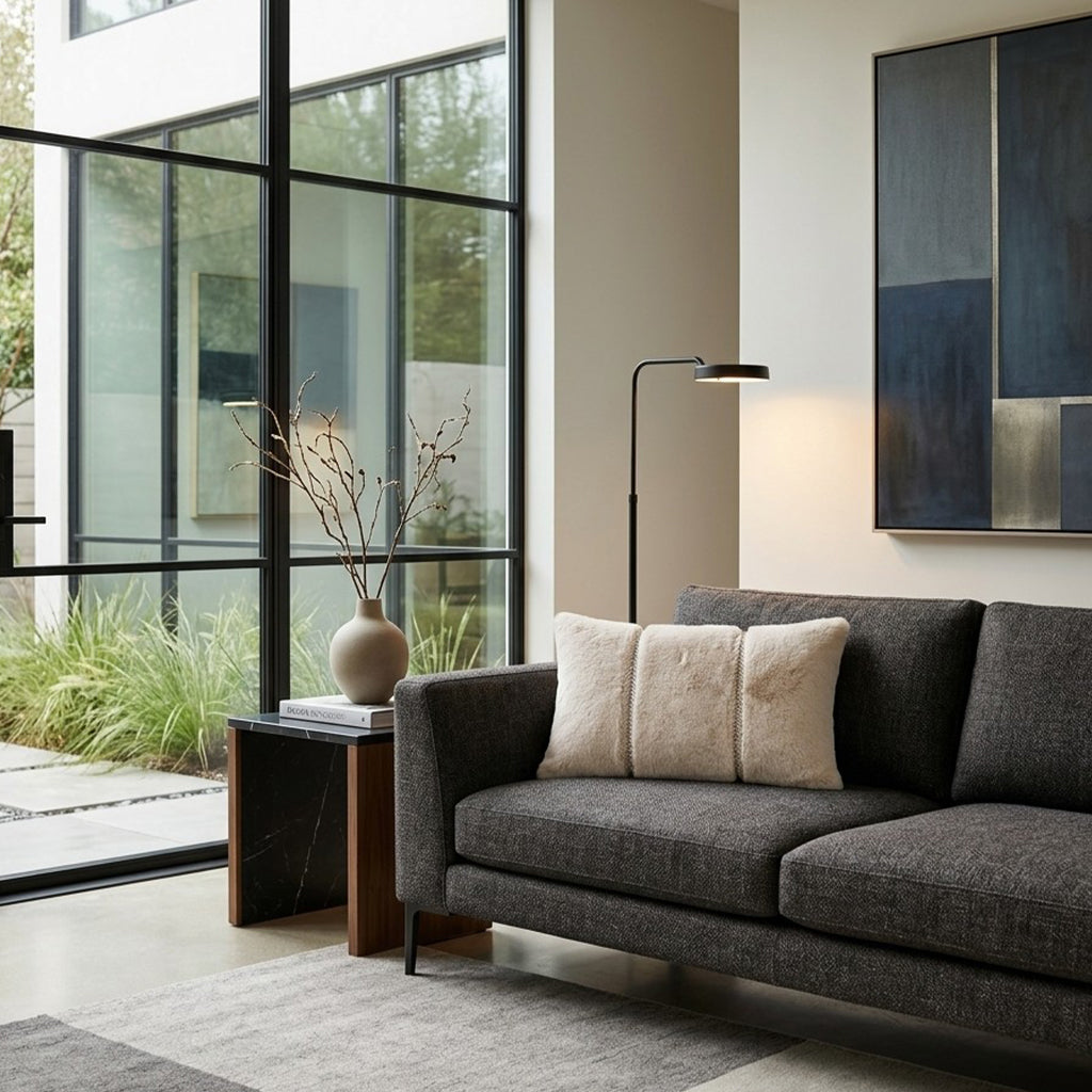 Lux Beige Fur Pillow, styled in a living room by Maison Burgos
