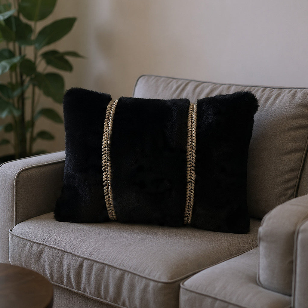 Lux Black Fur Pillow, styled in a living room by Maison Burgos