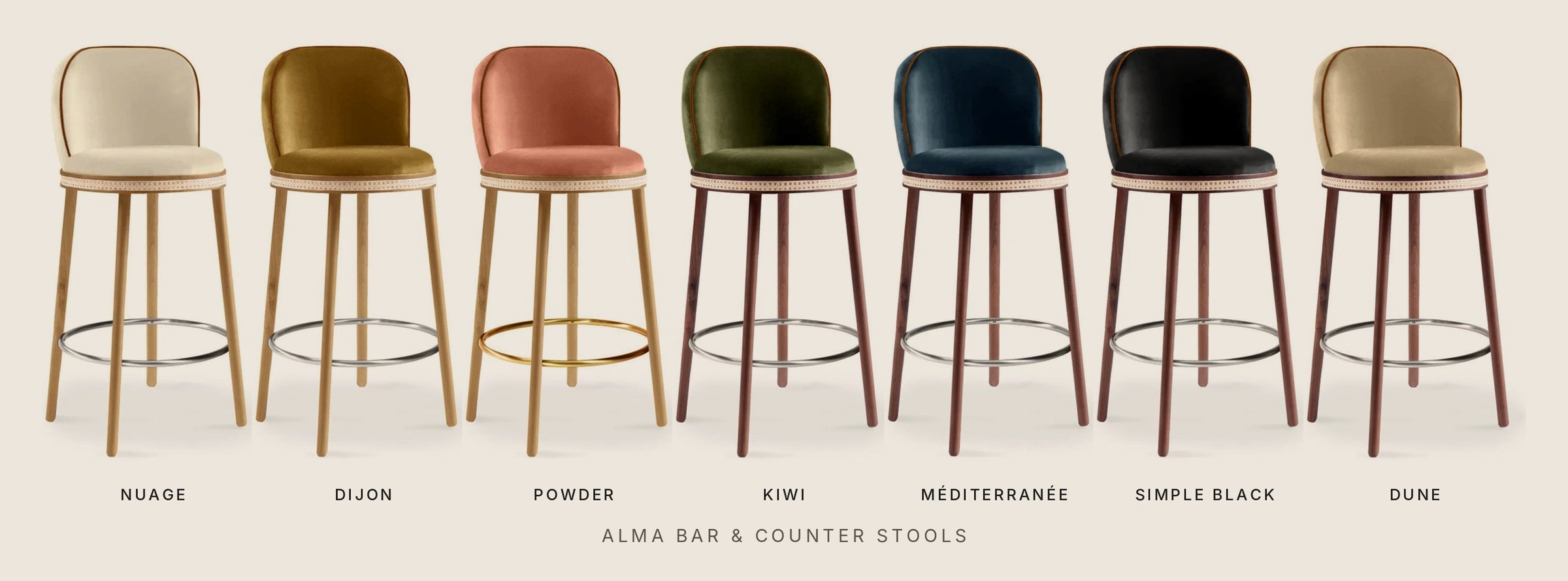 Alma bar and counter stools in seven velvet colours by Maison Burgos