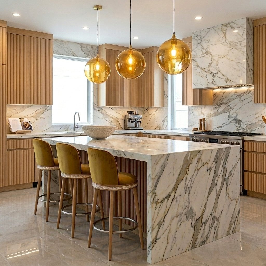 Kitchen island with Alma counter stools and Ballroom XL amber pendants by Maison Burgos