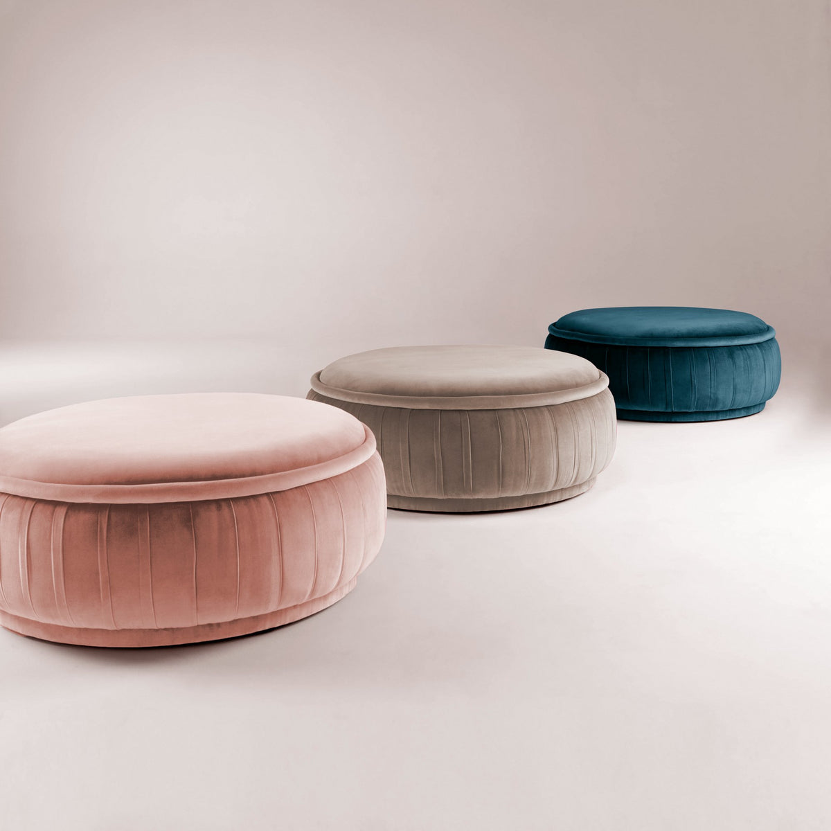 Malibu Ottoman trio in blush, taupe and teal velvet