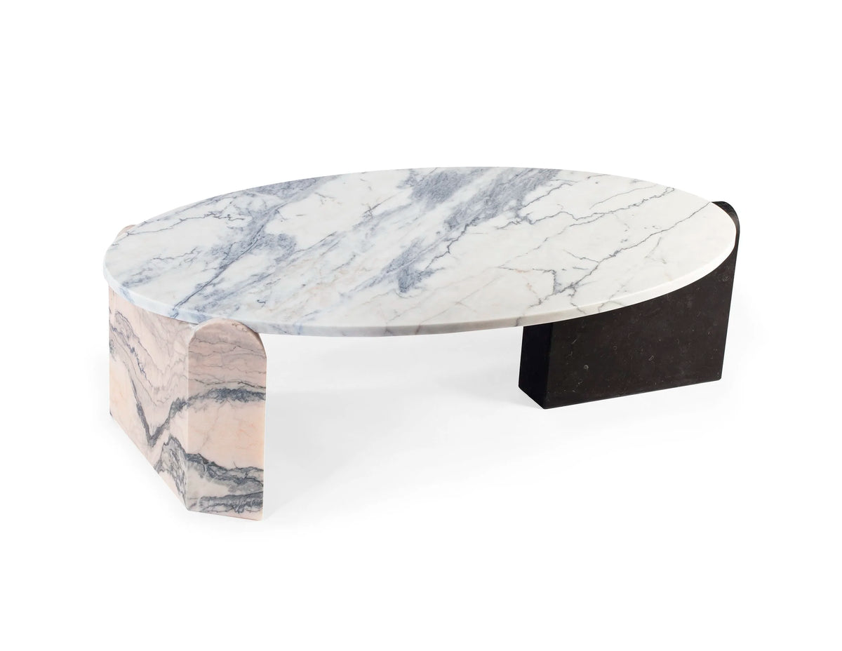 Jean Coffee Table with Carrara-style top and pink and black marble bases