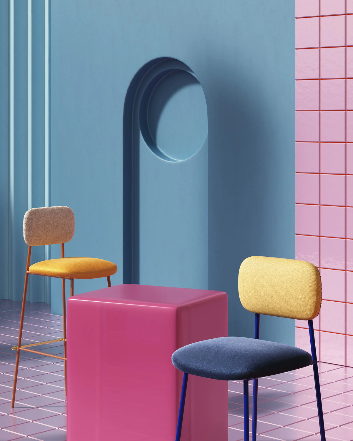 Miami Counter Stool in yellow and navy in a colourful blue and pink set