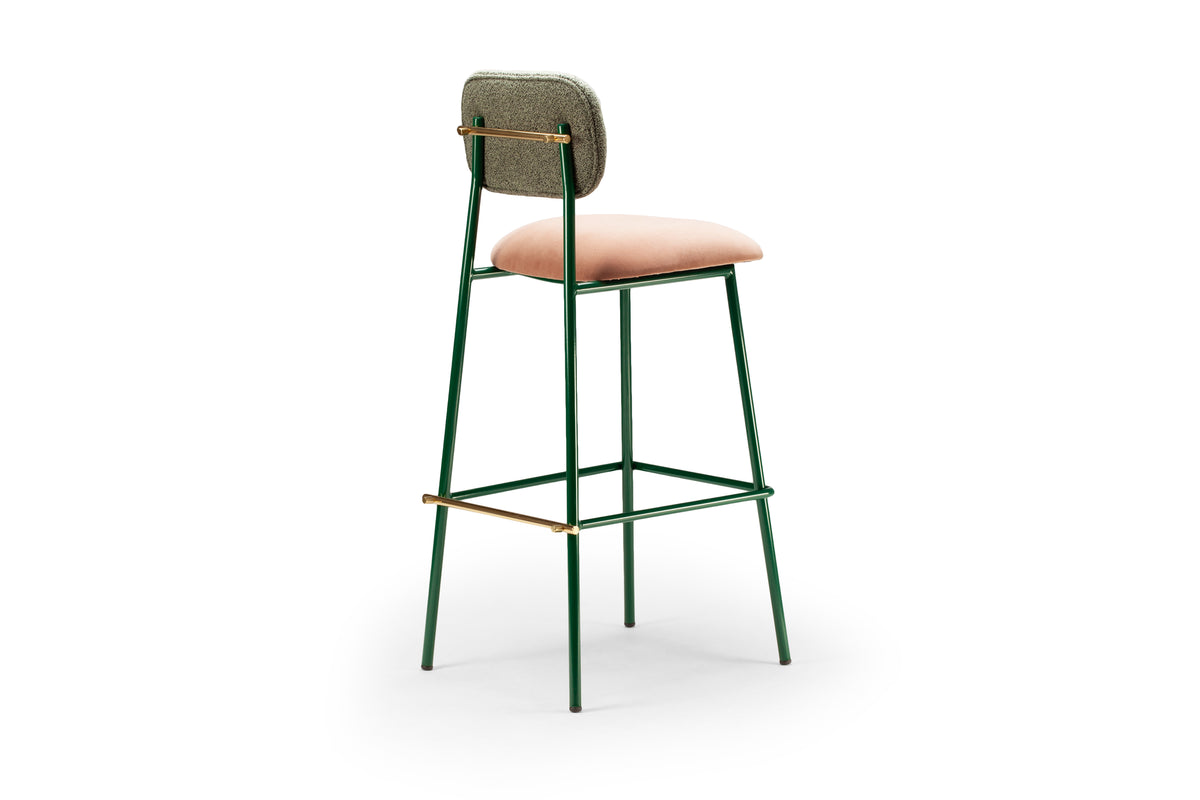 Miami Bar Stool with green frame and pink seat, small three-quarter view