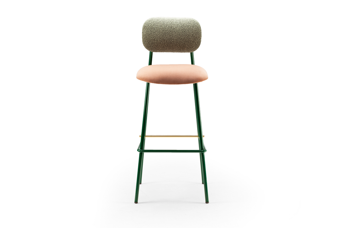 Miami Counter Stool with green frame and pink seat, front view