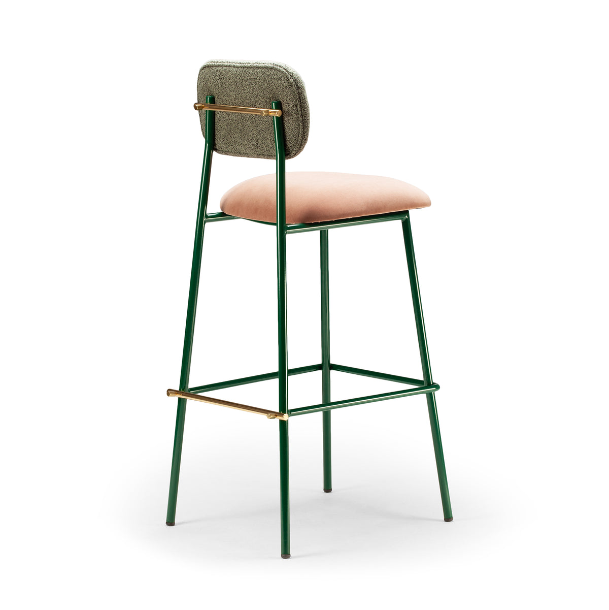 Miami Counter Stool with green frame, pink seat and grey bouclé back, three-quarter view