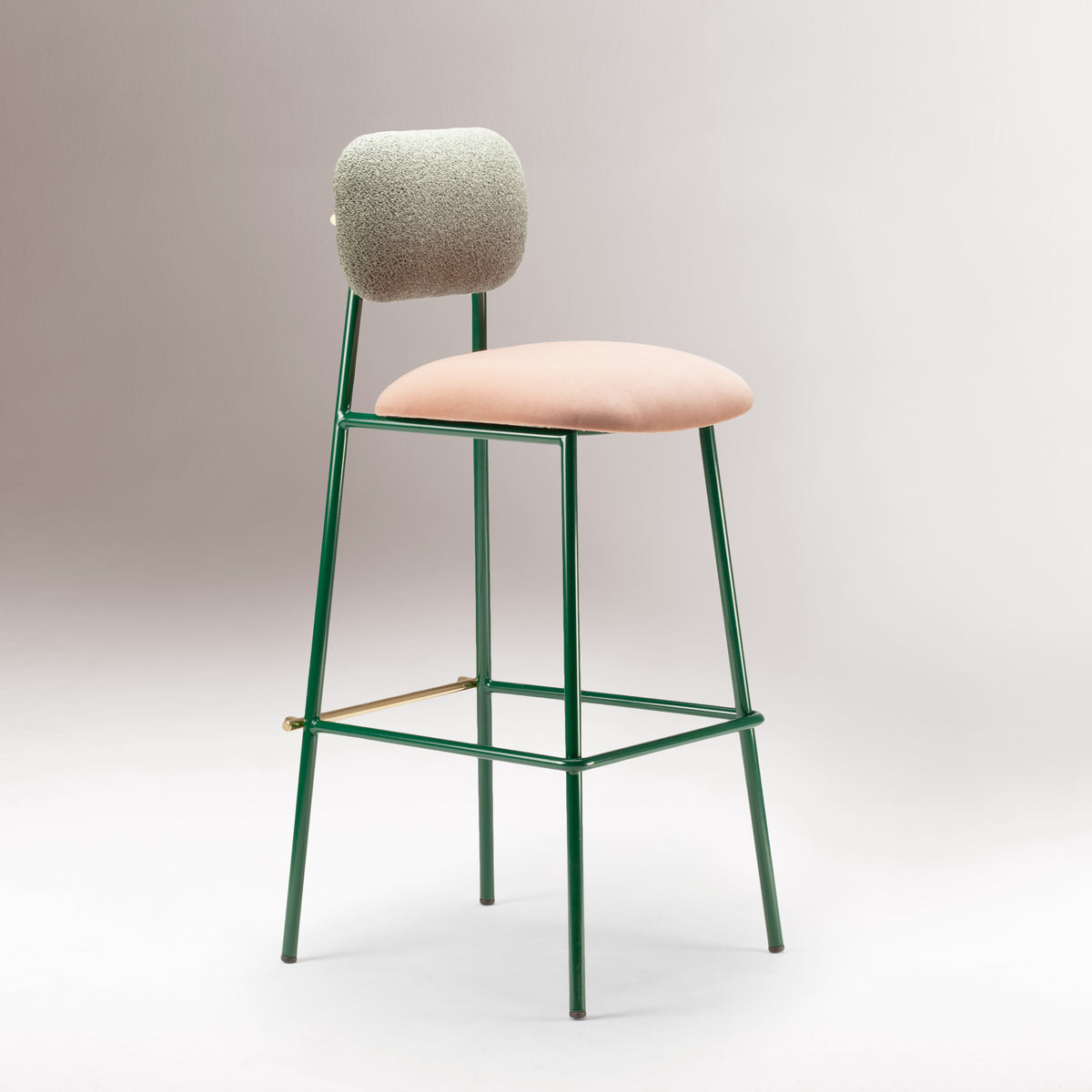 Miami Bar Stool with green frame and pink seat on a grey backdrop