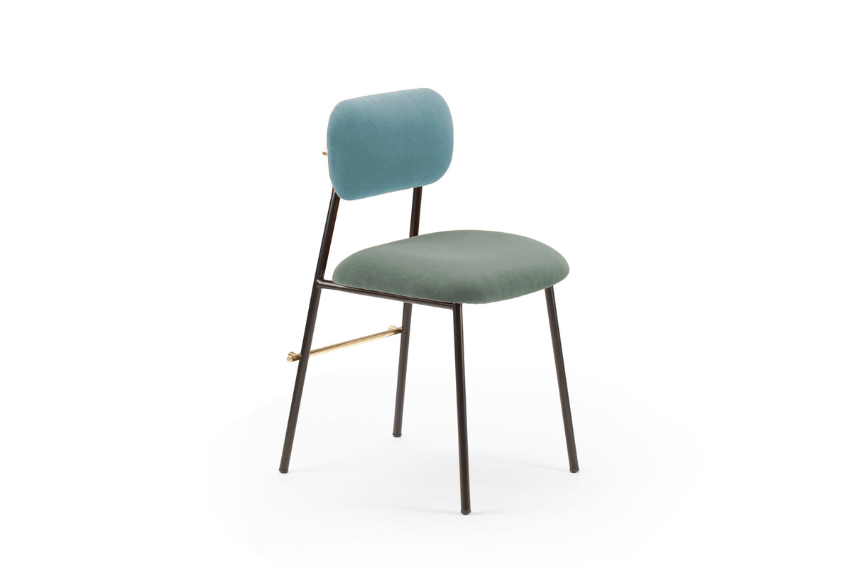 Miami Dining Chair with light blue back and sage seat on a black frame, three-quarter view