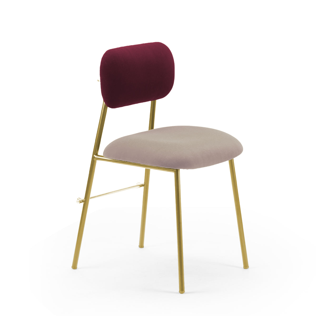 Miami Dining Chair with plum back, blush seat and brass frame, three-quarter view