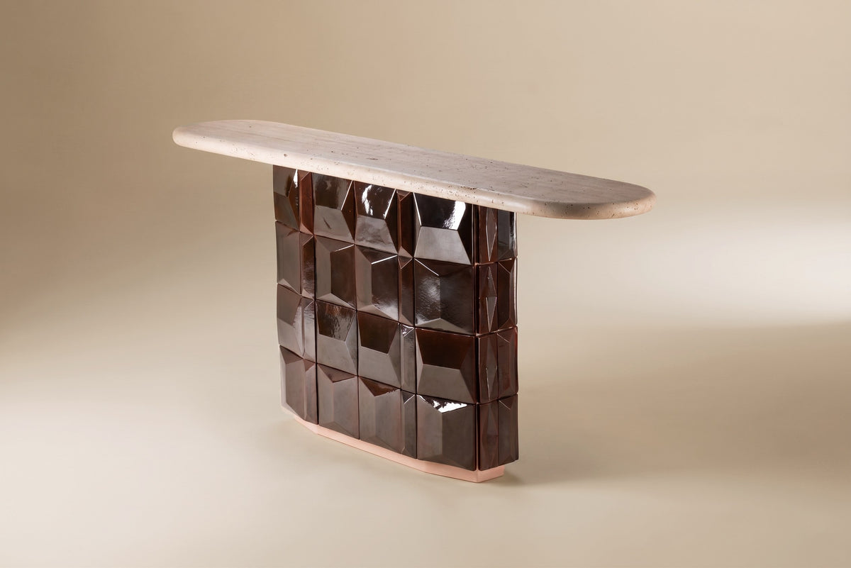 Milano Console travertine and terracotta tile by Maison Burgos