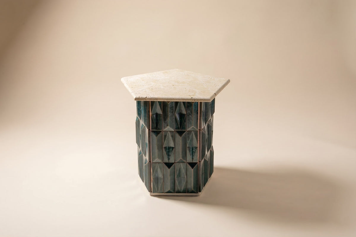 Milano Side Table travertine and terracotta tile by Maison Burgos