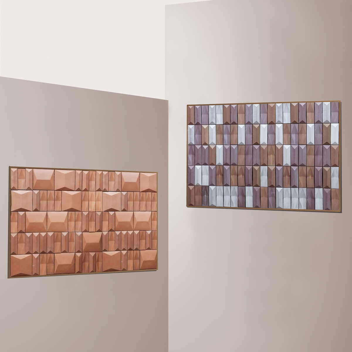 Terra Cota wall art panels in terracotta and lilac tile on gallery walls