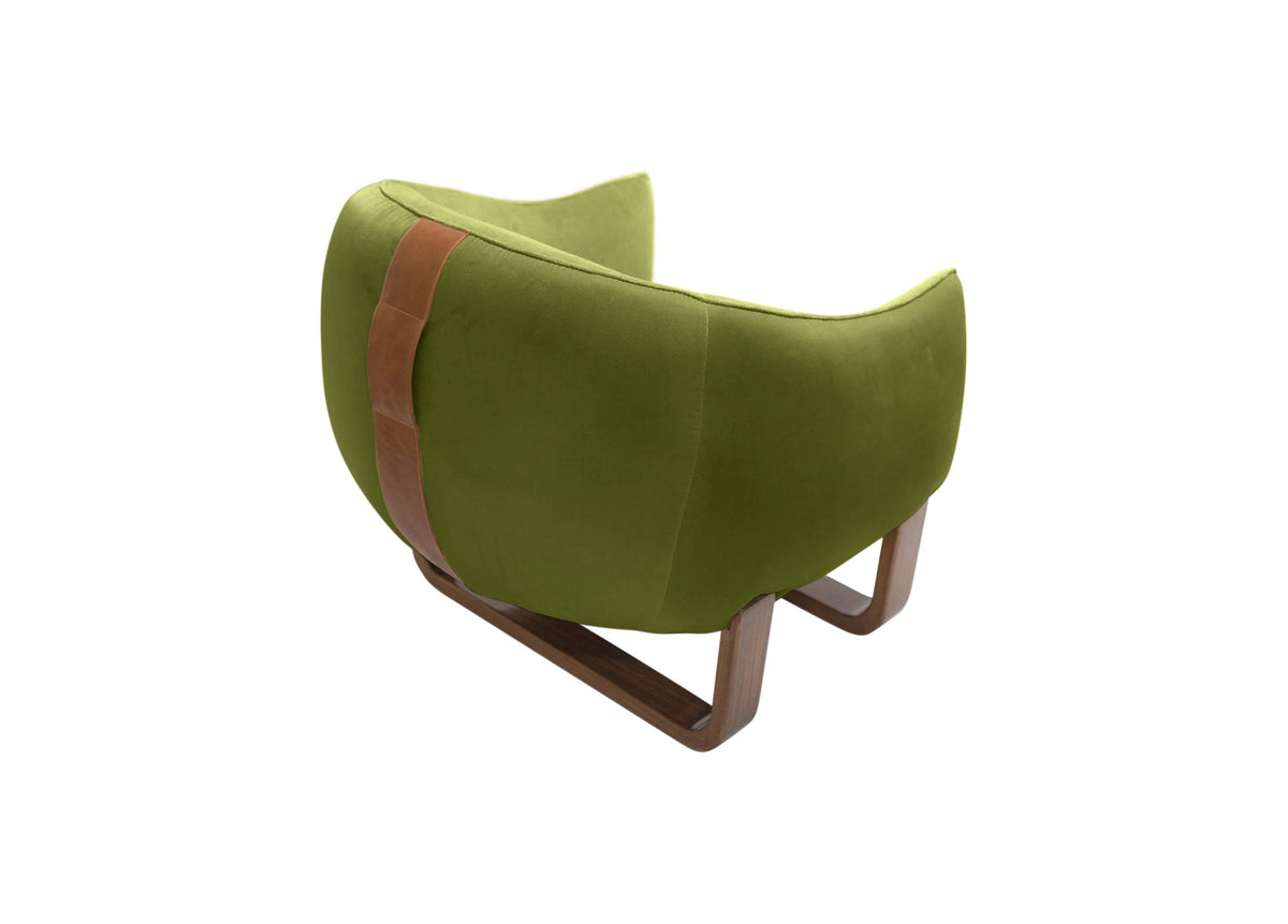 Milo Armchair back view in Avocado Chesterfield velvet with leather handle