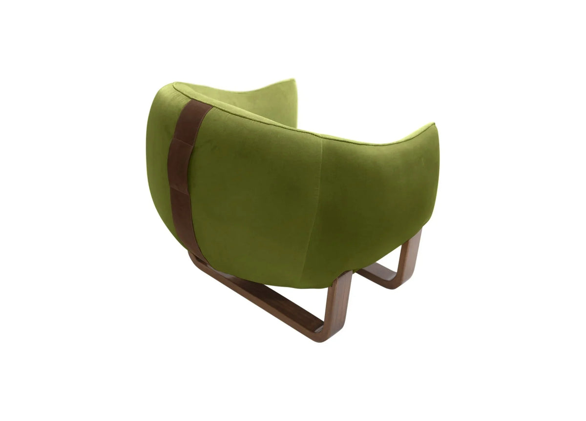 Milo Armchair back view in Avocado Crème Brûlée velvet with leather handle