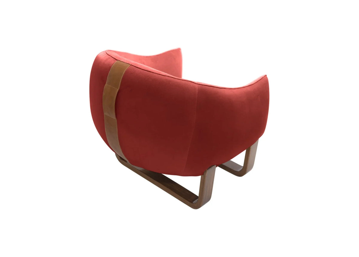 Milo Armchair back view in Bittersweet Chesterfield velvet with leather handle