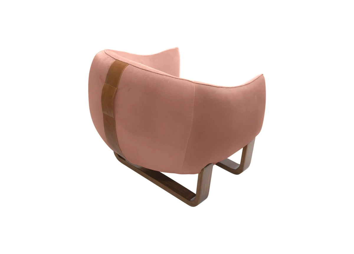 Milo Armchair back view in Cameo Chesterfield velvet with leather handle