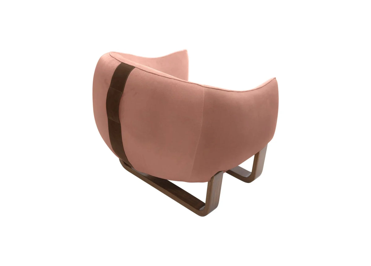 Milo Armchair back view in Cameo Crème Brûlée velvet with leather handle