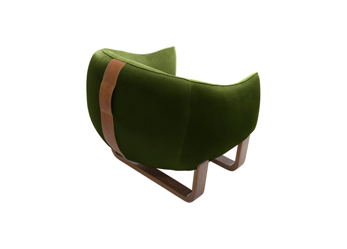 Milo Armchair back view in Evergreen Chesterfield velvet with leather handle
