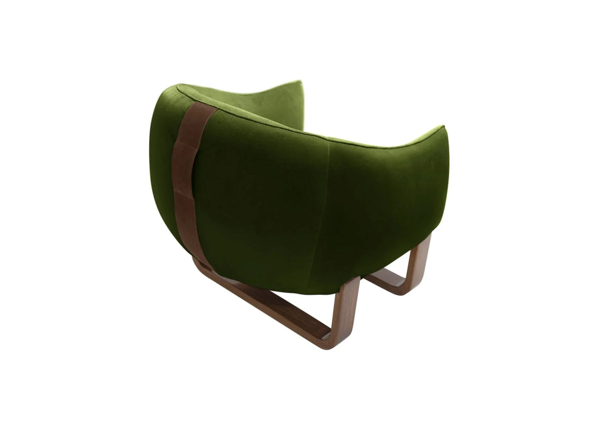 Milo Armchair back view in Evergreen Crème Brûlée velvet with leather handle